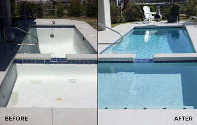 A Pool Medic pool repair in Myrtle Beach before and after photograph